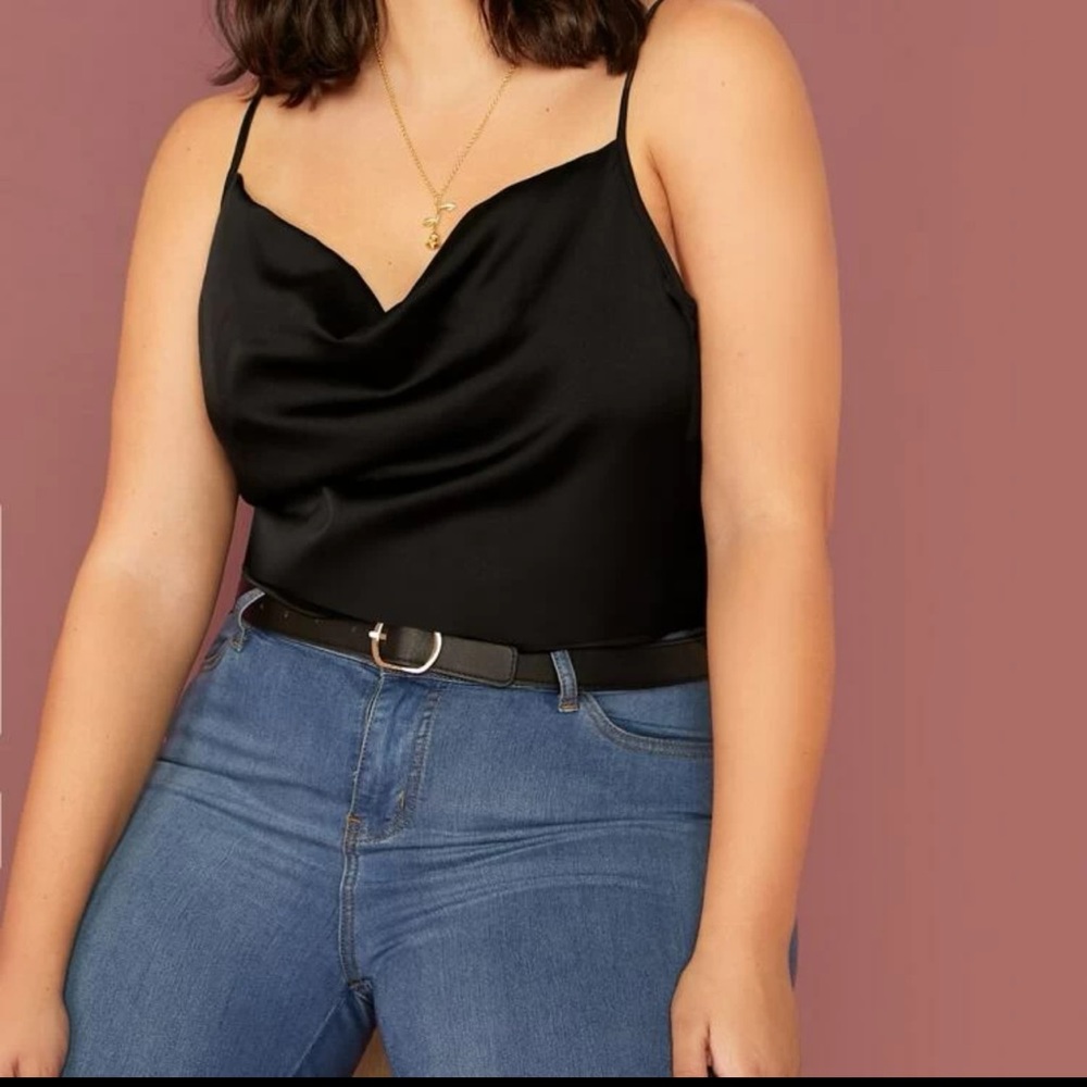 black draped neck satin tank top